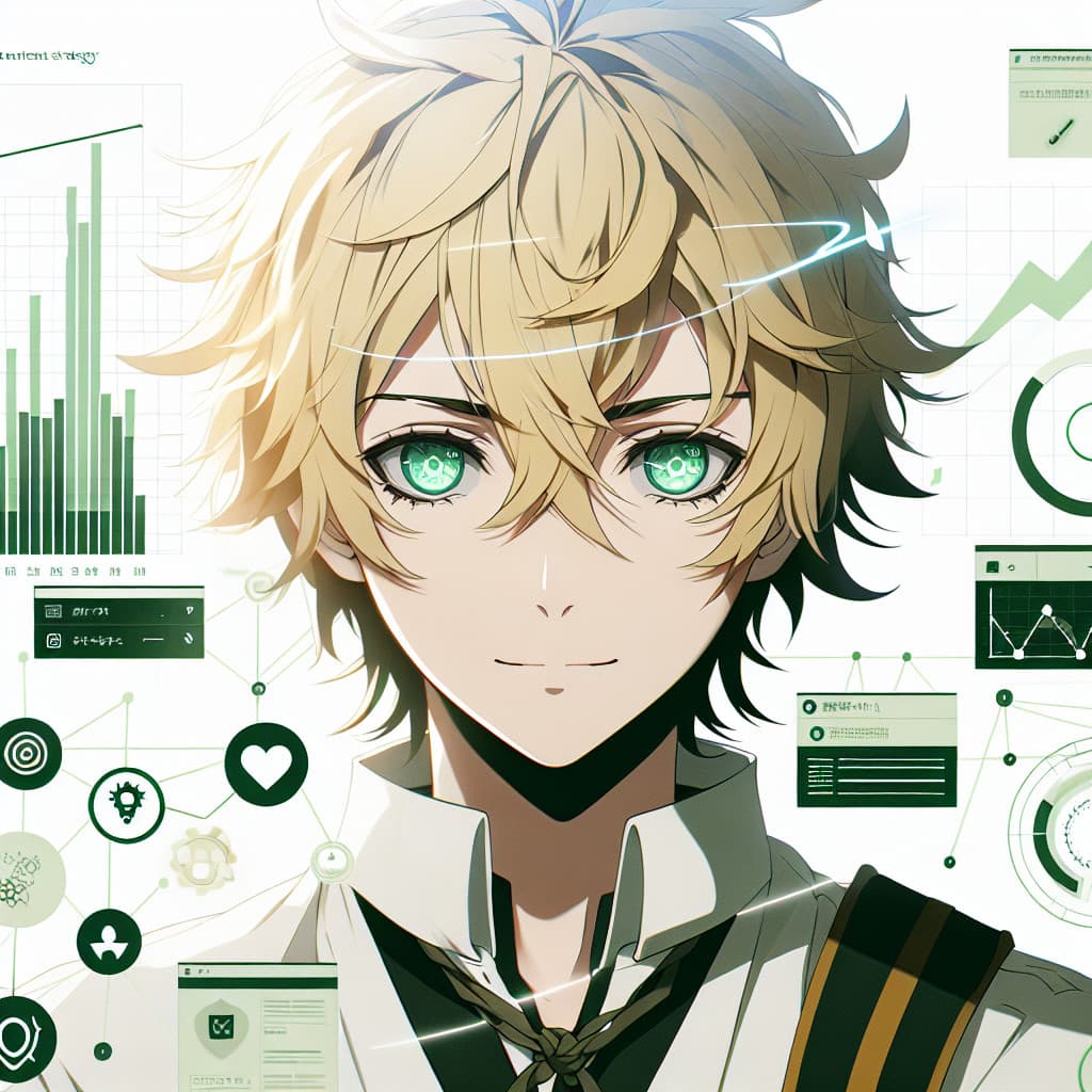 imagine in anime seraph of the end like look showing an anime boy with messy blond hair and green eyes working in reels content strategy