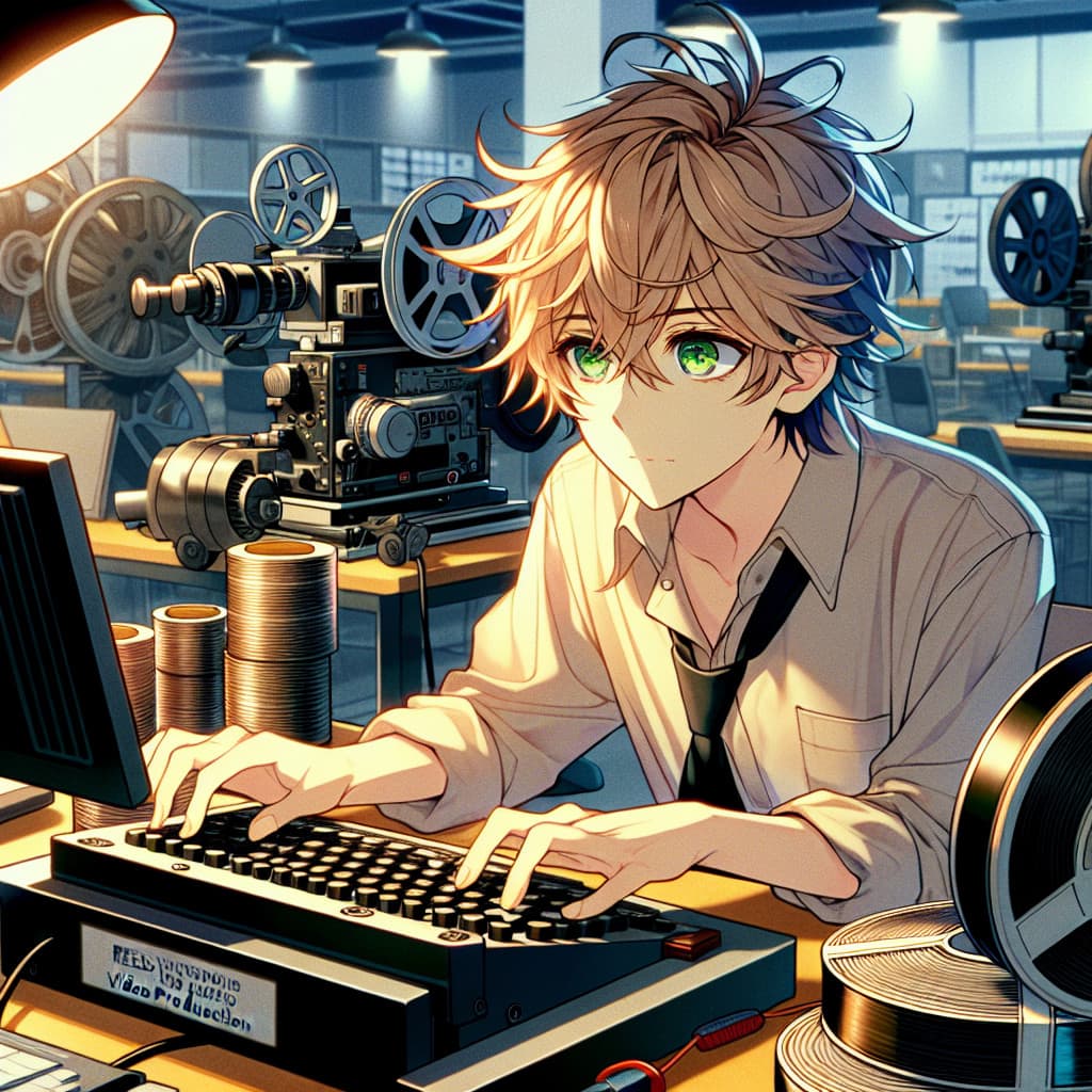 imagine in anime seraph of the end like look showing an anime boy with messy blond hair and green eyes working in reels video production