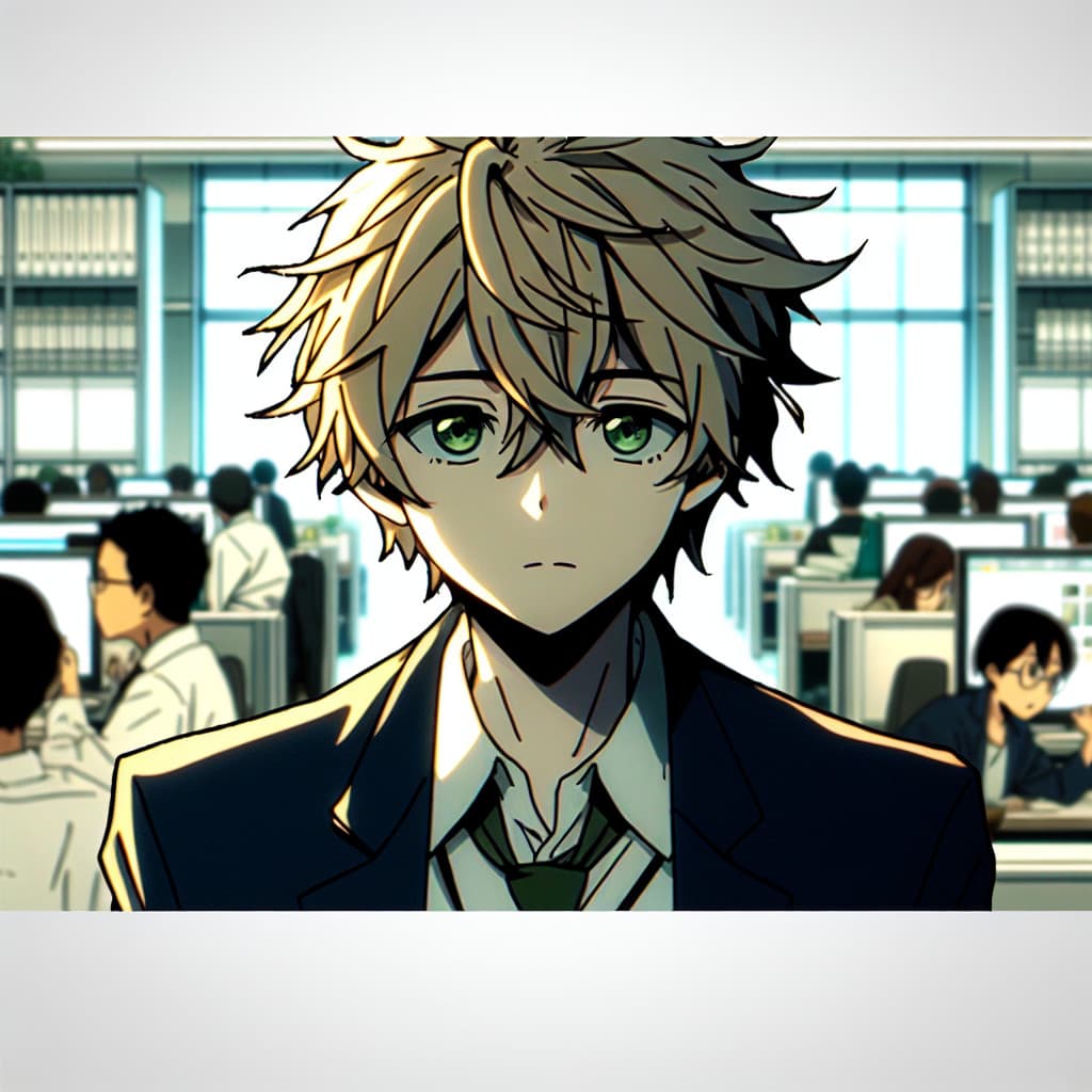 imagine in anime seraph of the end like look showing an anime boy with messy blond hair and green eyes working in short form video agency