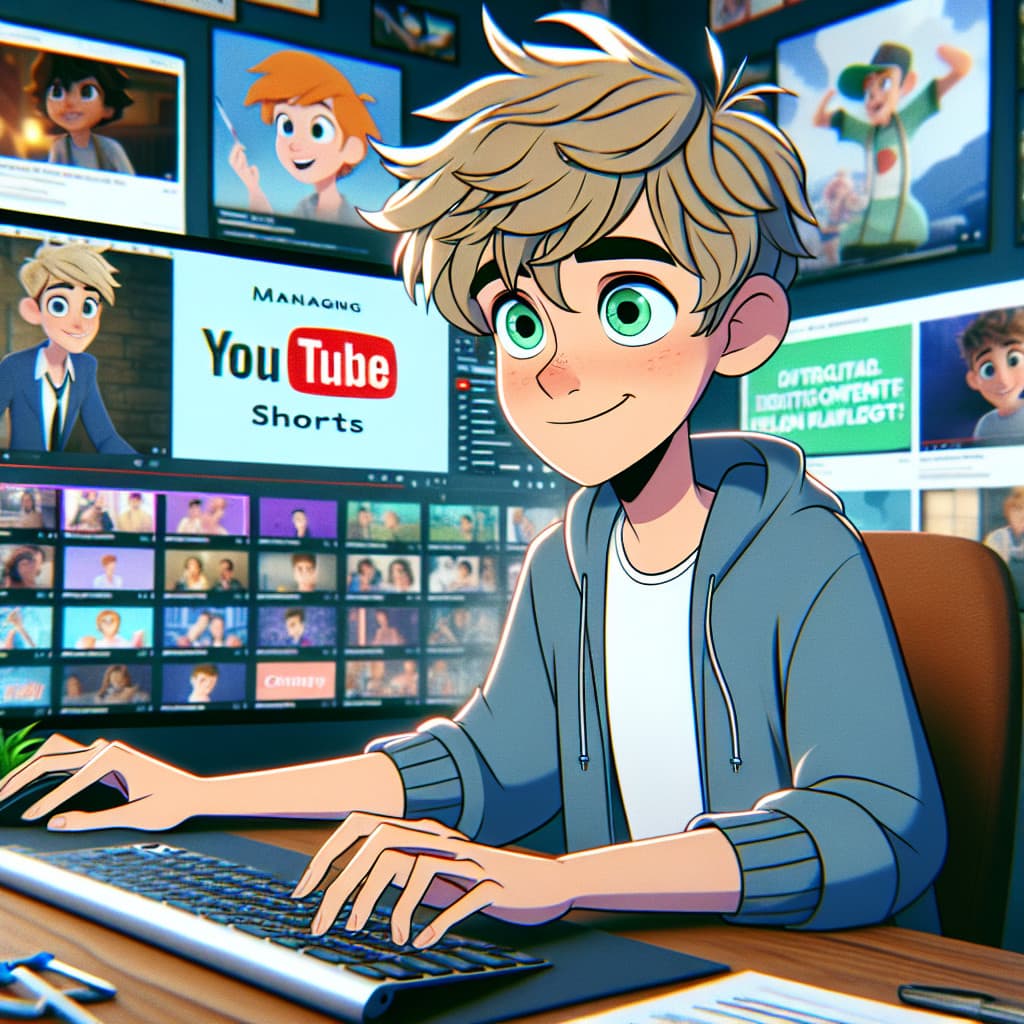 imagine in anime seraph of the end like look showing an anime boy with messy blond hair and green eyes working in youtube shorts campaigns