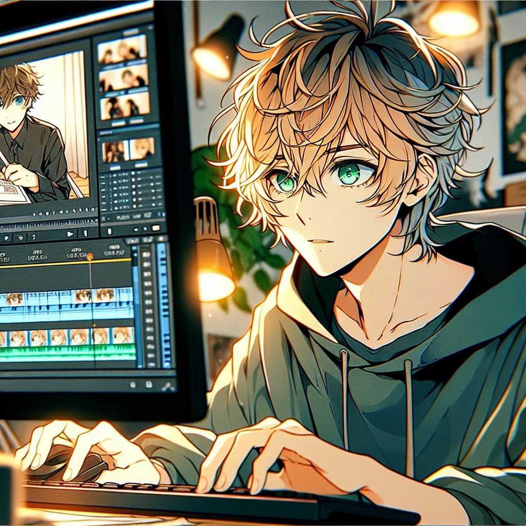 imagine in anime seraph of the end like look showing an anime boy with messy blond hair and green eyes working in youtube shorts editing service